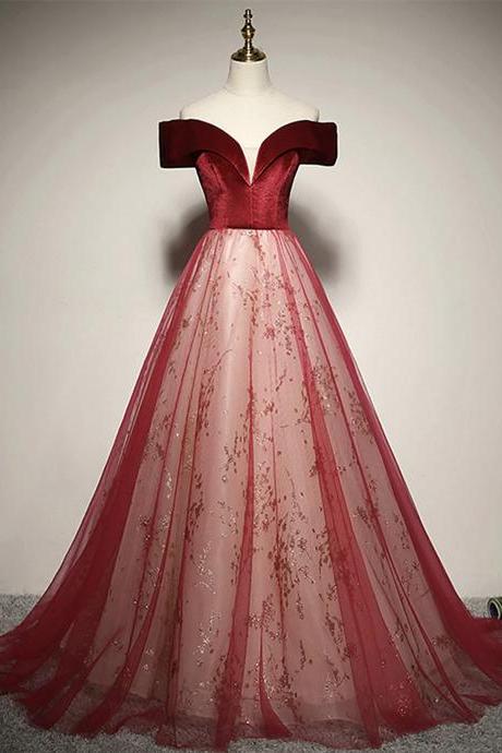 Off Shoulder Tulle Wine Red A-line Prom Dress With Velvet
