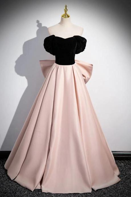 Lovely Off Shoulder Pink And Black Long Prom Dress With Bow