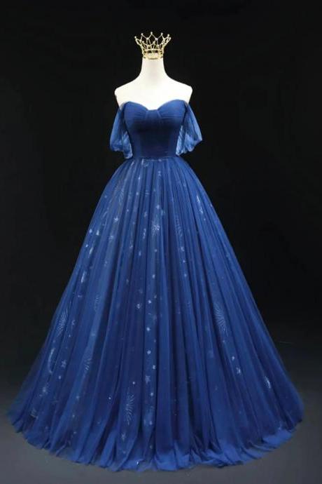 A-line Sweetheart Blue Tulle Long Prom Dresses