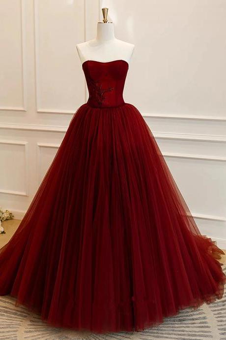 Mermaid Wine Red Tulle Scoop Long Formal Prom Dress