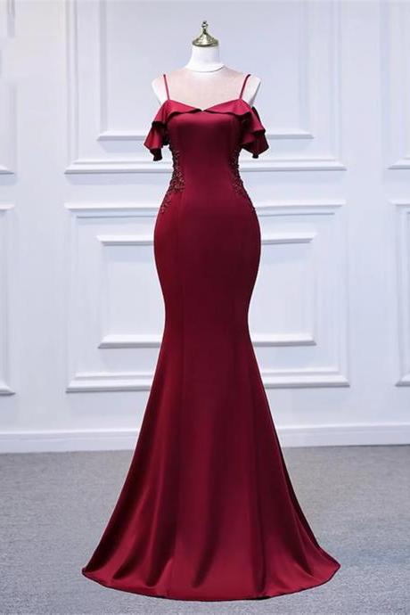 Mermaid Wine Red Stain Straps Long Formal Dress