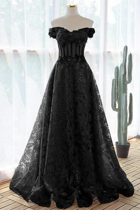 Floor Length Off Shoulder Black Tulle Prom Dress With Lace