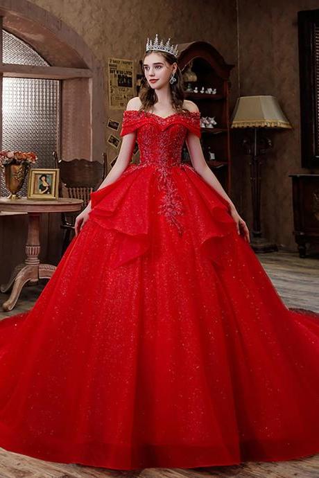 Mermaid Off Shoulder Red Sweetheart Tulle Ball Gown Long Prom Dress