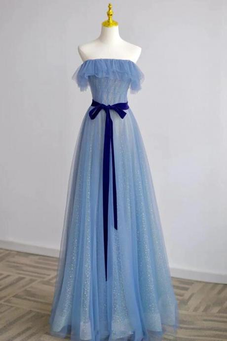 A-line Strapless Blue Tulle Scoop Long Prom Dresses