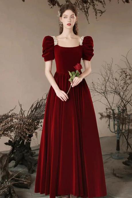 Floor Length Wine Red Beaded Velvet Long Prom Dresses With Short Sleeves