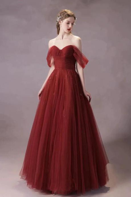 Elegant A-line Tulle Off Shoulder Wine Red Party Dress