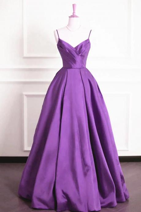 Straps V-neckline Purple Satin Long Prom Dress