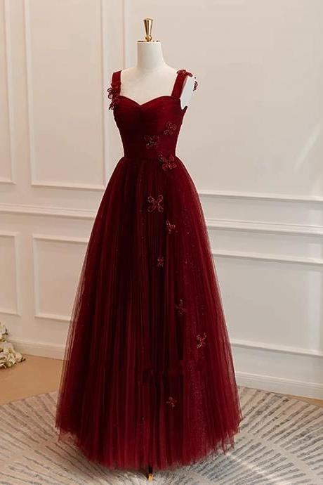 A-line Tulle Straps Long Dark Red Formal Dress