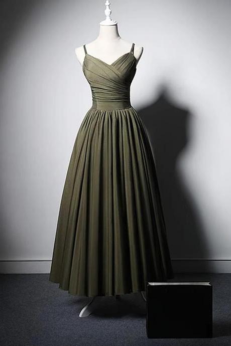 Simple Green Satin Straps Long Party Dresses