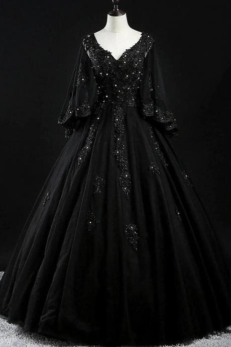 Vintage Black Tulle Lace Long Prom Dress With Beading