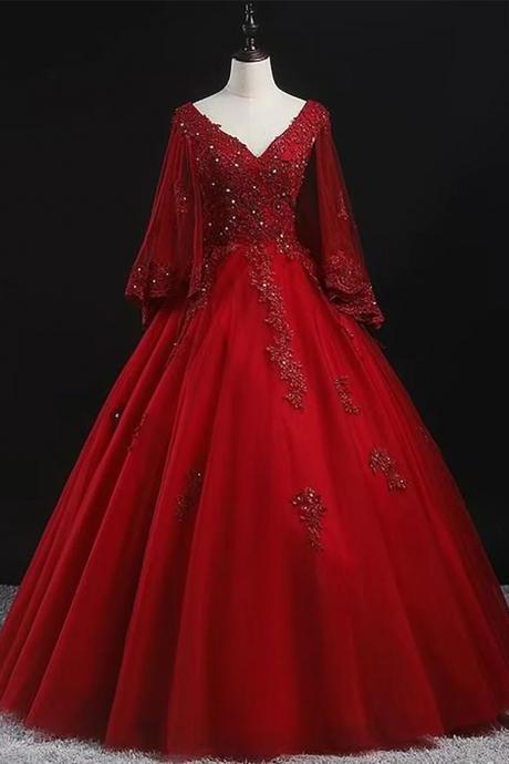 Ball Gown Red Lace Tulle Prom Dresses