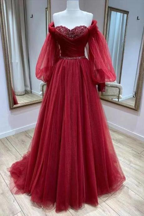 Beauty Wine Red Tulle Beaded Puffy Sleeves Prom Dress
