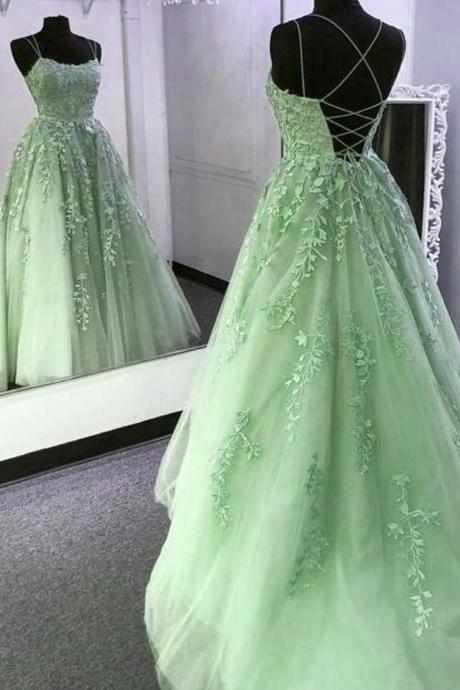 Mermaid Sage Green Straps Tulle Long Prom Dress With Lace