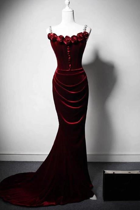 Mermaid Wine Red Velvet Long Straps Evening Dress
