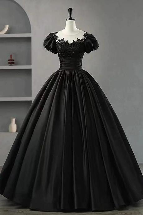 Ball Gown Black Satin Round Neckline Short Sleeves Party Dress