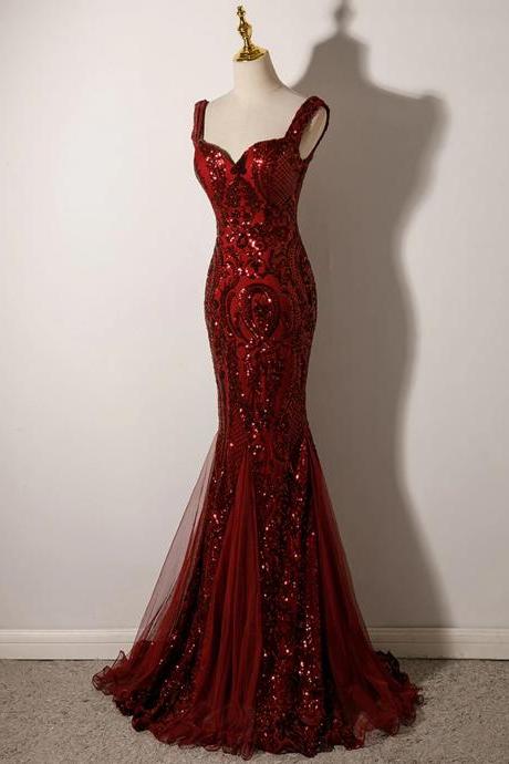 Sheath Wine Red Mermaid Sequins Long Formal Prom Dress