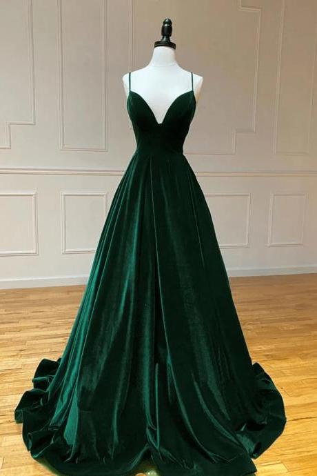 A Line Straps Green V-neckline Velvet Prom Dresses