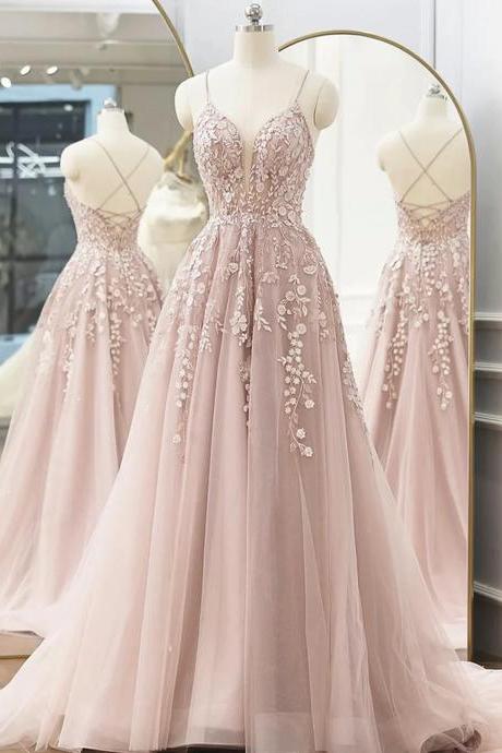Straps Pink Tulle Party Dress With Lace