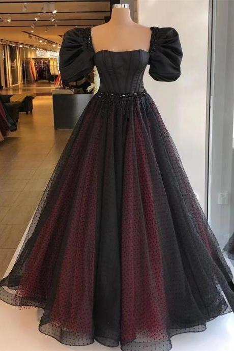 Elegant Black And Red Short Sleeves Long Evening Dresses