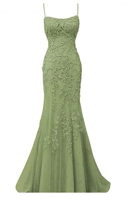 Mermaid Sage Green Straps Long Formal Prom Dress