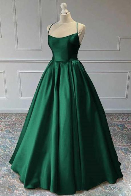 Simple Green Satin Lace-up Long Prom Formal Dress