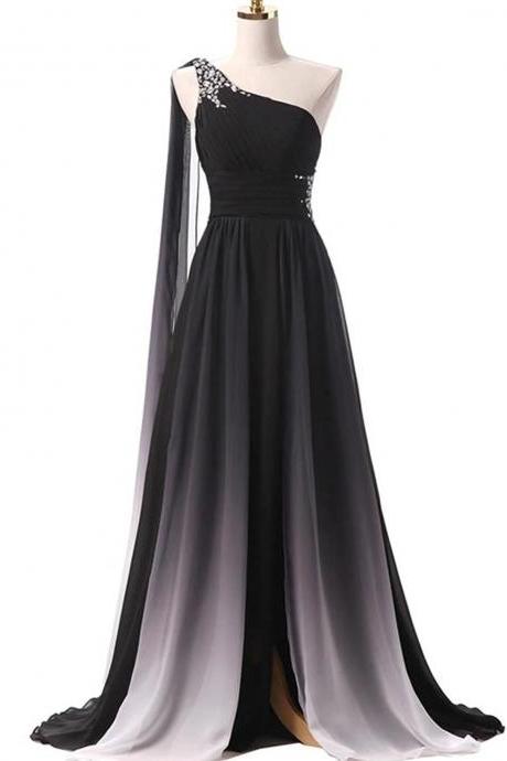 One Shoulder Black Chiffon Long Prom Dresses