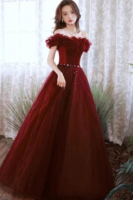 Off Shoulder Wine Red Tulle Long Party Dress Evening Dresses