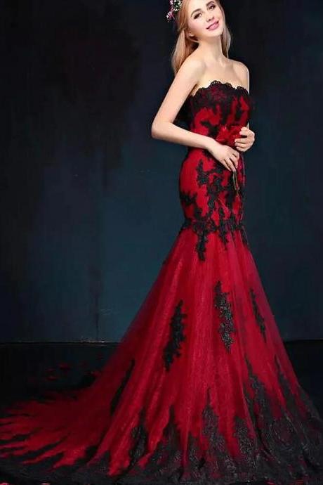 Mermaid Sweetheart Wine Red Prom Dress With Black Lace