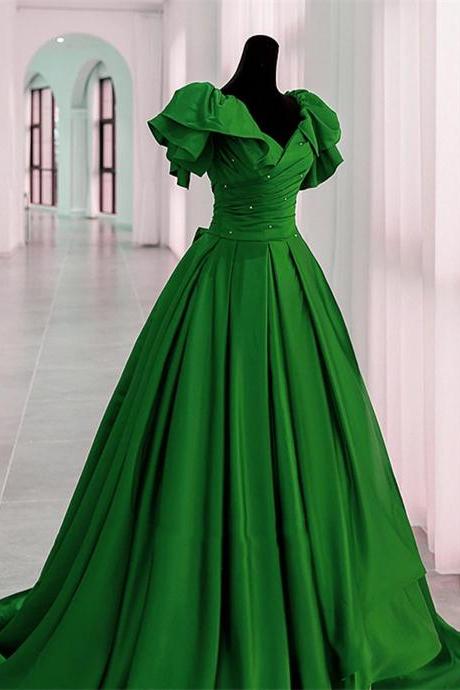 Short Sleeves Green Satin Long Party Dress