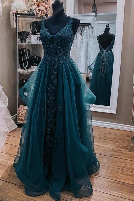 Teal Blue Tulle V-neckline Long Party Dress With Lace