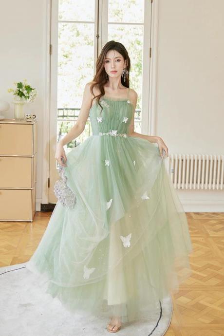 A Line Light Green Tulle Straps Long Party Dress