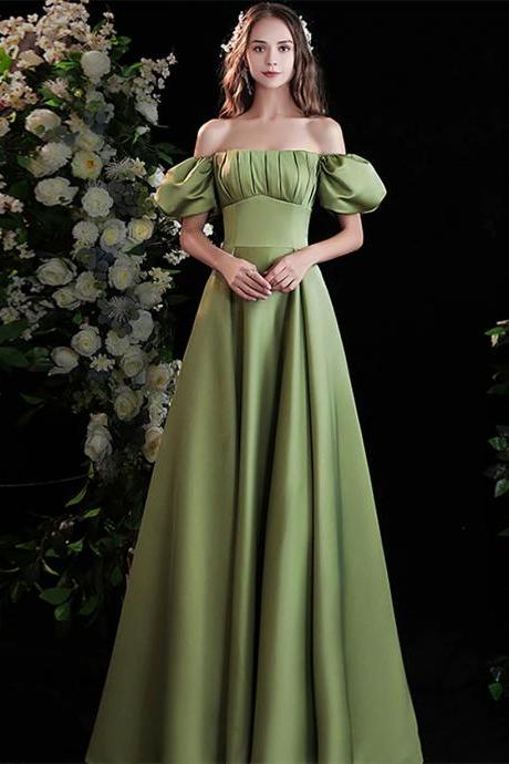 A Line Green Satin Scoop Neckline Prom Dress With Short Sleeves