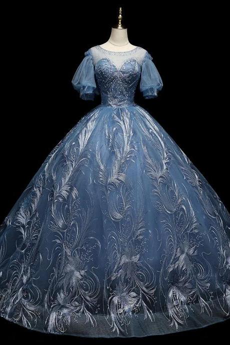 Princess Blue Ball Gown Short Sleeves Tulle Sequin Party Dresses