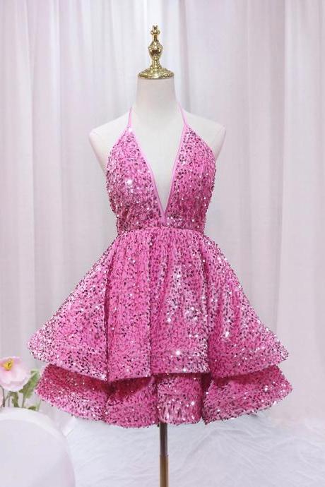 Halter Backless Pink Sequins Short Homecoming Dresses