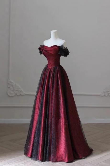 Off Shoulder A-line Black And Red Tulle Long Prom Dress