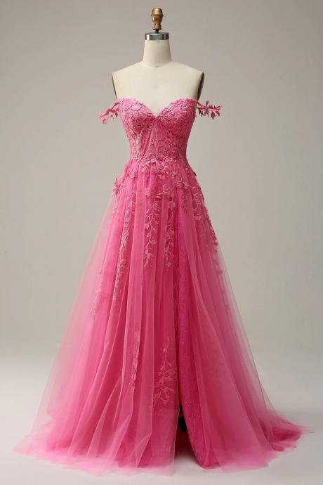 Pink A Line Long Prom Dress With Lace Appliques