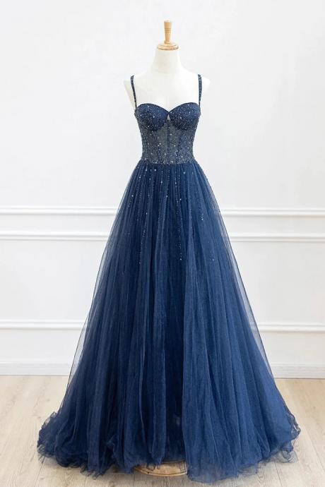 Mermaid Tulle Beaded Long Blue Prom Evening Dresses