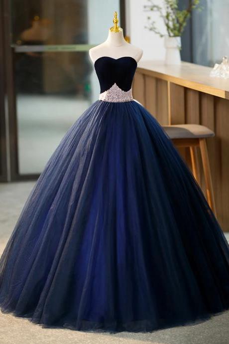 Sweetheart Ball Gown Long Blue Tulle Formal Prom Dress With Velvet