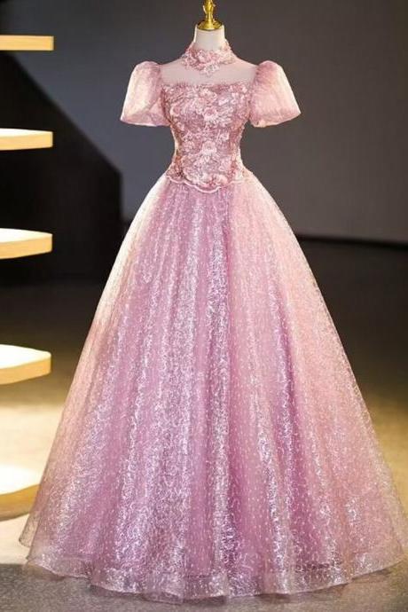 Shiny Princess Sweet Pink Sequin Lace Ball Gown Prom Dress With Short Sleeves