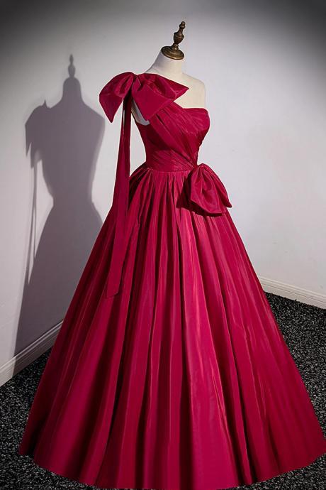 One Shoulder Burgundy Satin Long Prom Dress, Evening Dress With Bow