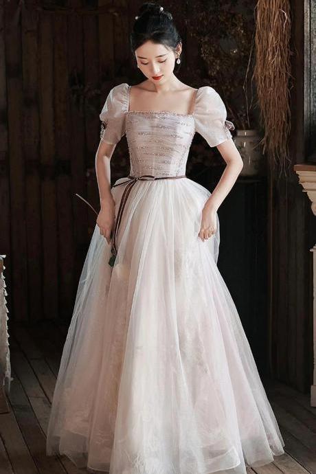 Lovely A Line Tulle Sequins Long Prom Dress Short Sleeves