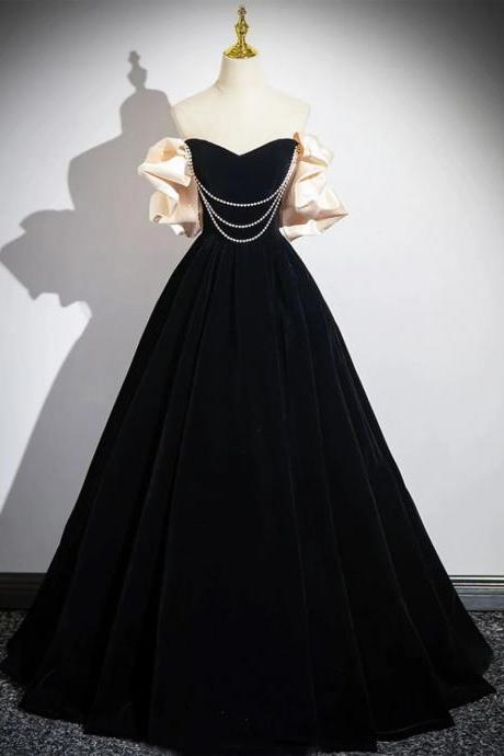 Off The Shoulder A-line Black Velvet Floor Length Prom Dresses