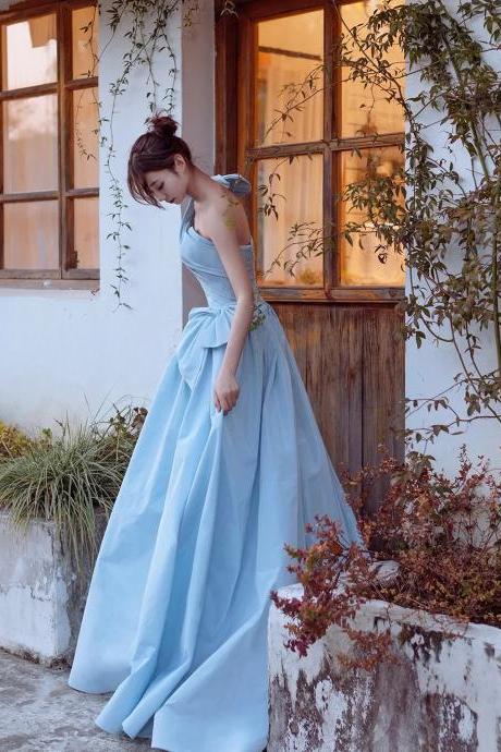 One Shoulder Floor Length Blue Satin Prom Dress