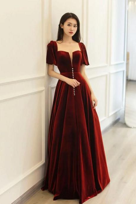 Elegant A-line Short Sleeve Burgundy Velvet Long Prom Dresses