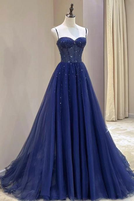 Spaghetti Straps Blue Tulle Beaded Long Formal Dress