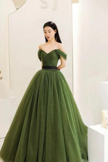 Lovely Off The Shoulder Green Tulle Floor Length Prom Dress, Evening Dress