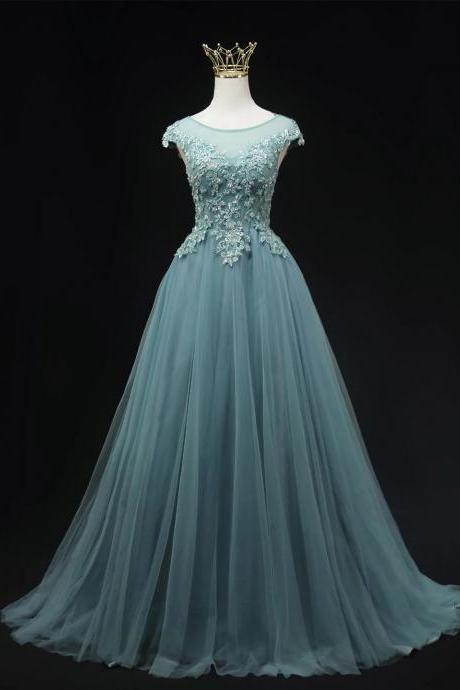 Beautiful Blue Scoop Neckline Tulle Lace Long Prom Dresses With Beading