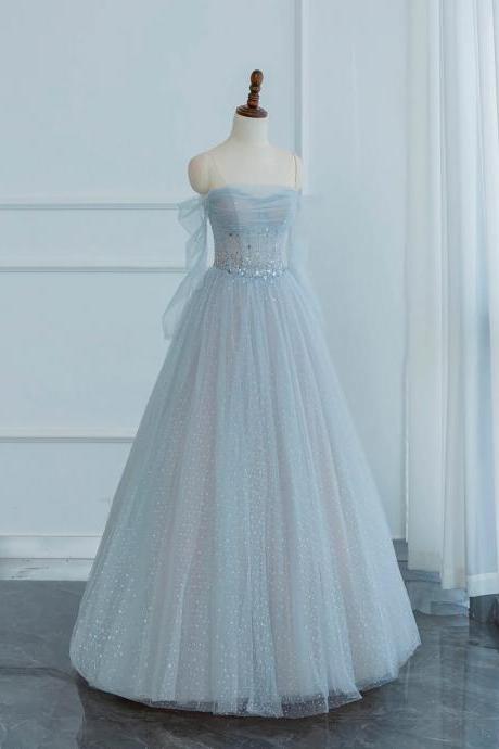 Off The Shoulder Long Sleeve Dusty Blue Tulle Sequins Long Prom Dresses