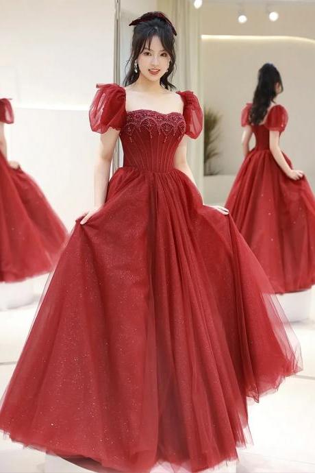 Wine Red Tulle A-line Beaded Long Formal Prom Dresses