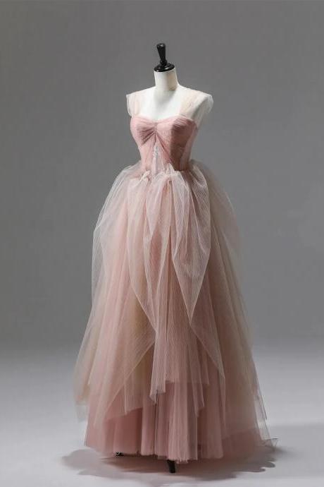 Beautiful A-line Pink Tulle Lace Long Prom Dresses